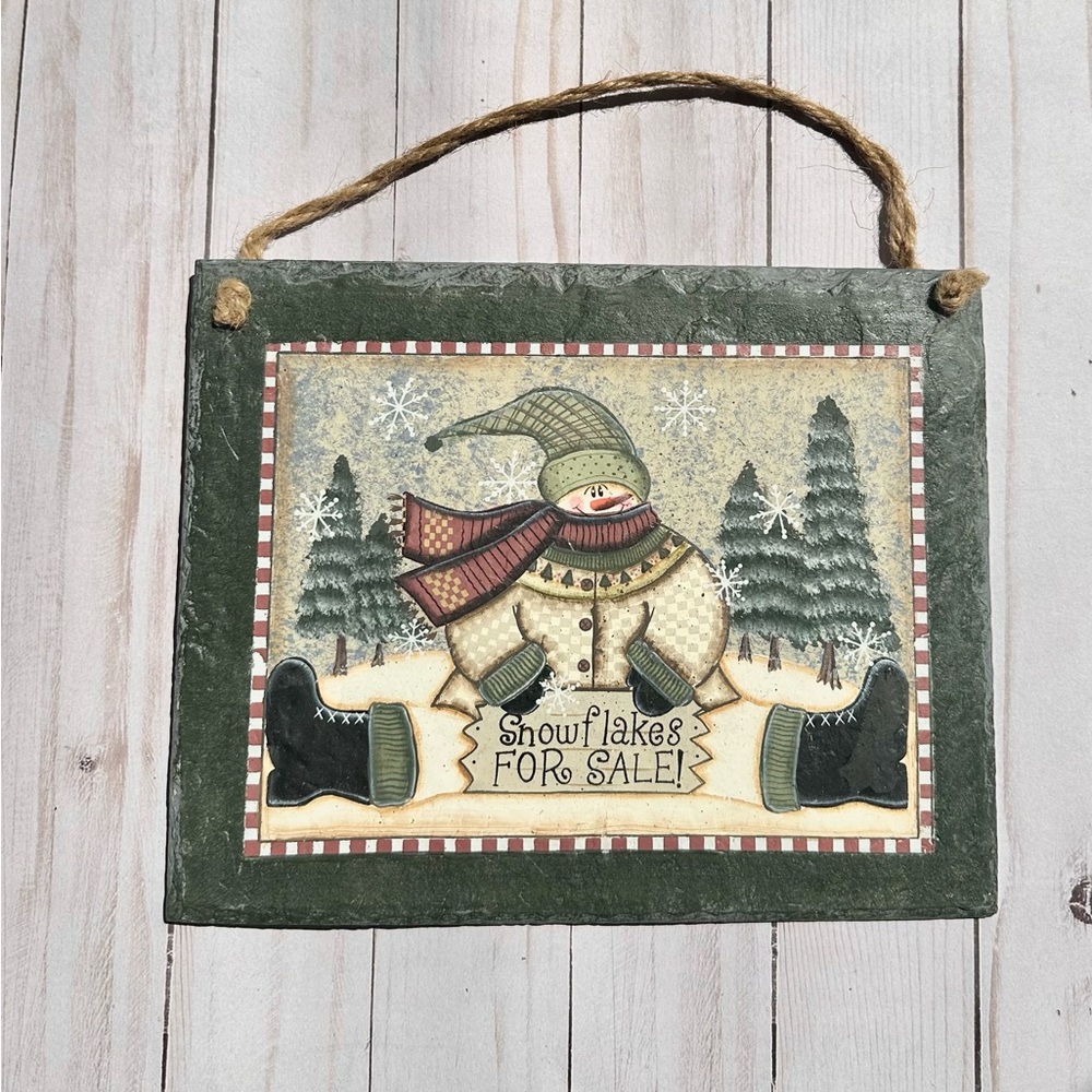 Crazy Mountain Charming Snowman Faux Slate Plaque Snowflakes 10x8 Holiday Decor